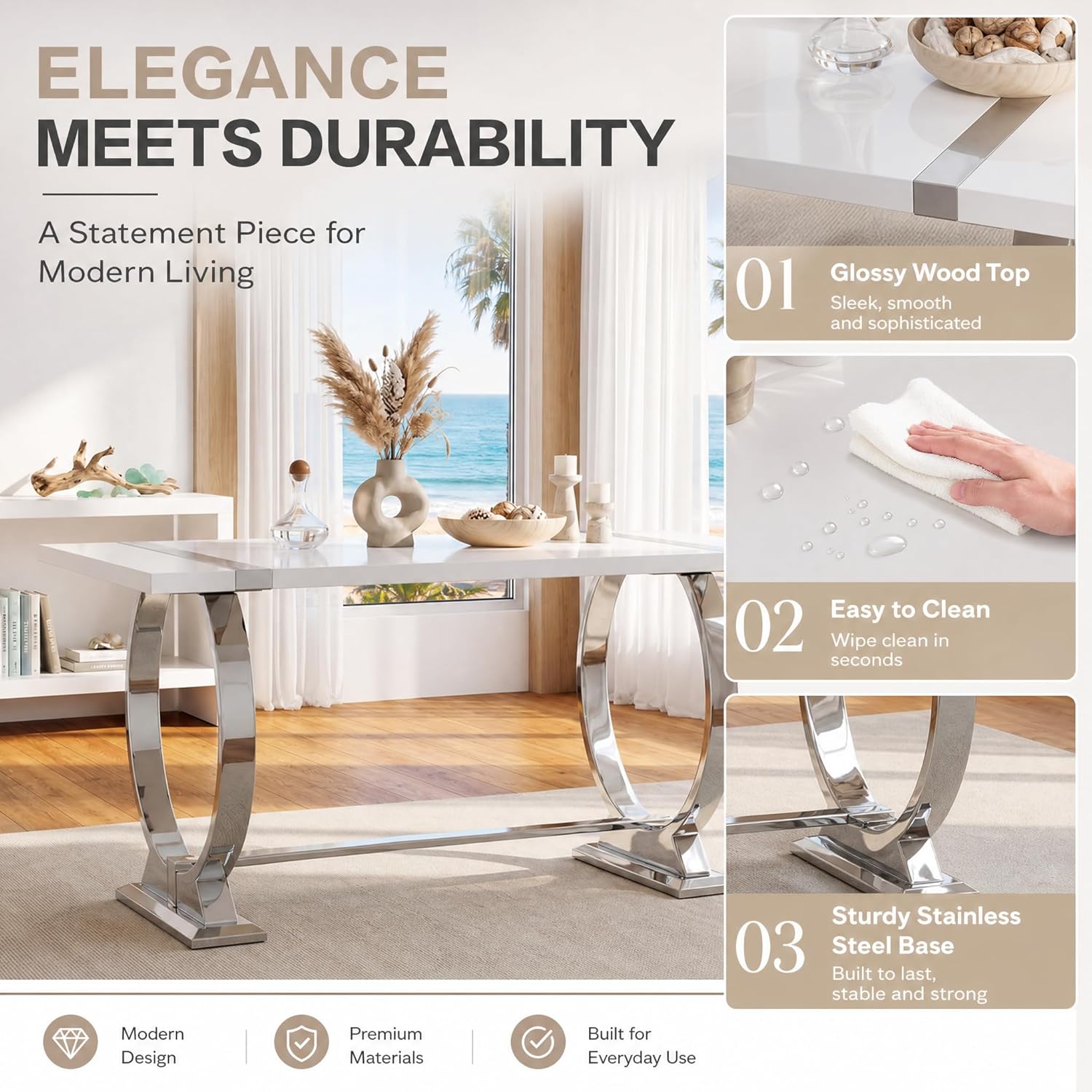 Asday 60" White and Silver Dining Table for 4-6, Modern Rectangle Wood Kitchen Table with Mirrored Chrome U-Shaped Metal Base for Dining Room, Kitchen, Dinner