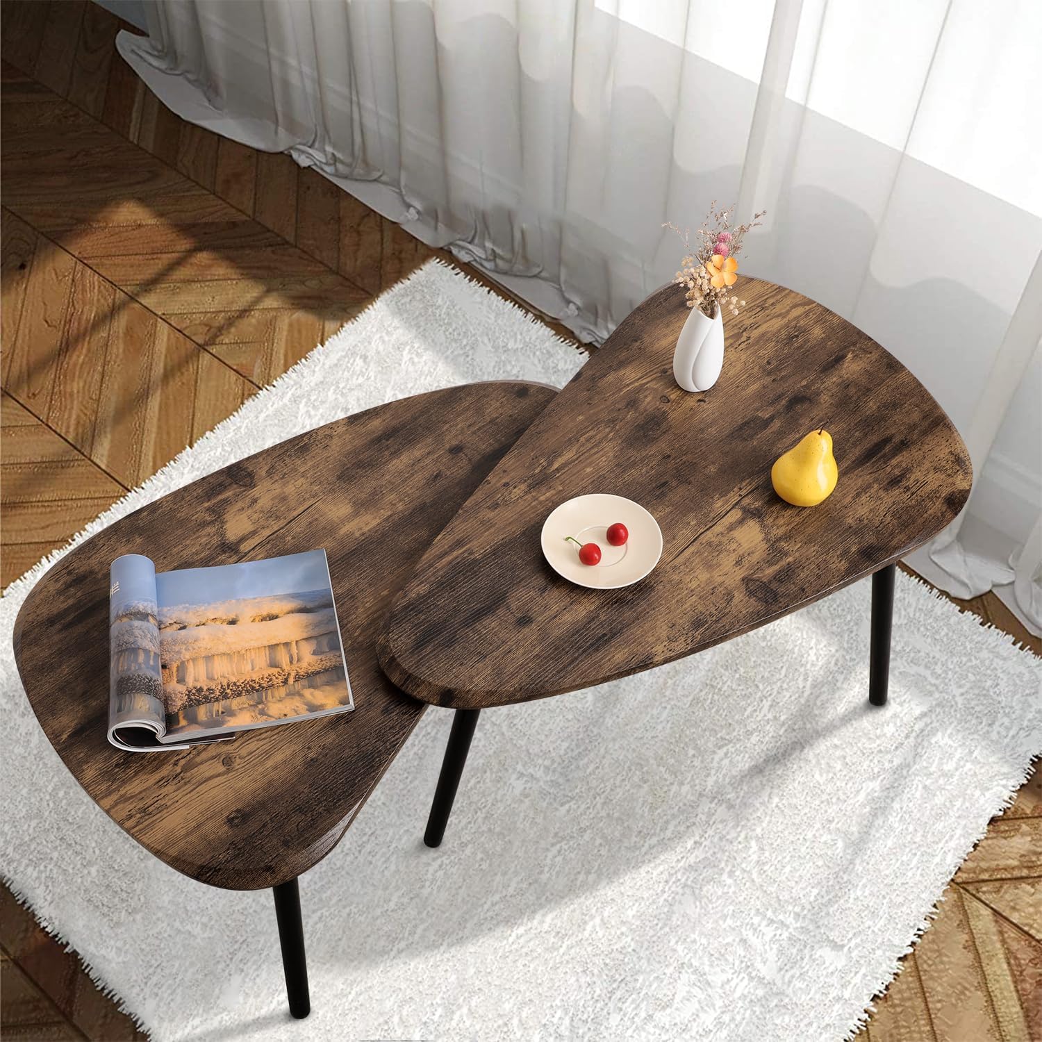 Nesting Coffee Tables, Nested Table with Wooden Legs Set of 2 - Triangle Side Table for Living Room, Bedroom, Minimalist Bamboo, Apartment & Small Spaces, Tiger