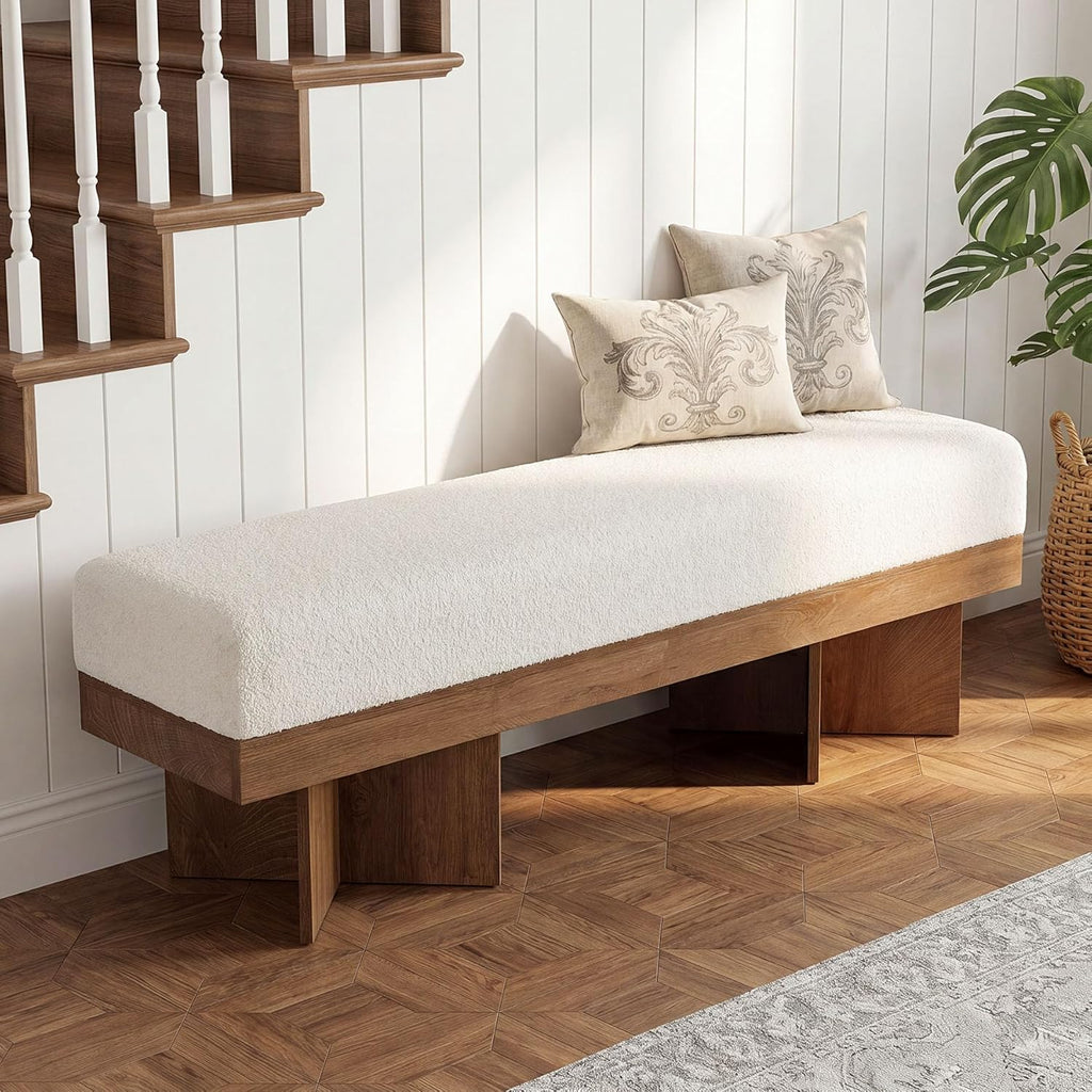 LITTLE TREE 55" Entryway Bench with Faux Lamb Wool, Upholstered Bench with X-Legs, for Living Room, Bedroom, or Foyer (White & Light Walnut)