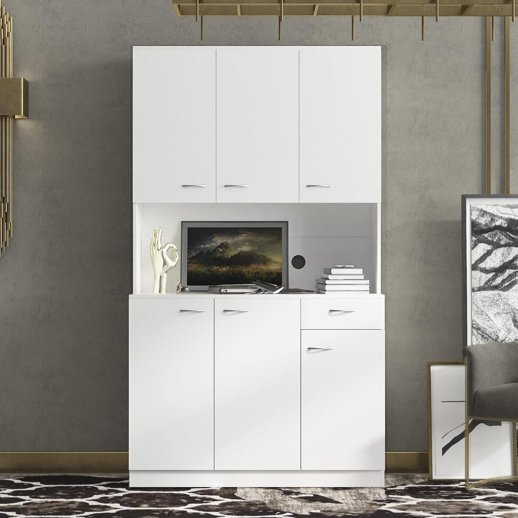 70.87" Tall 6-Door Kitchen Pantry Cabinet with Drawer & Open Shelf, Freestanding Storage Cupboard with Fixed Shelves for Kitchen, Dining Room, Laundry Room(White)