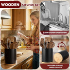 SiliFine 11 Pcs Wooden Kitchen Utensils Set with 360° Rotating Holder Acacia Wood Cooking Utensils with Cooking Spoons Spatulas for Nonstick Cookware Countertop(Straight Wood Holder,Black)