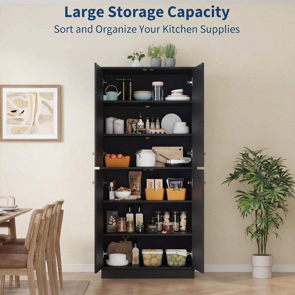 Garvee Kitchen Pantry Cabinet, 68'' Pantry Storage Cabinet with 4 Doors and 4 Adjustable Shelves, Wooden Freestanding Cupboard for Kitchen, Dining Room and Living Room, Black