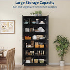 Garvee Kitchen Pantry Cabinet, 68'' Pantry Storage Cabinet with 4 Doors and 4 Adjustable Shelves, Wooden Freestanding Cupboard for Kitchen, Dining Room and Living Room, Black