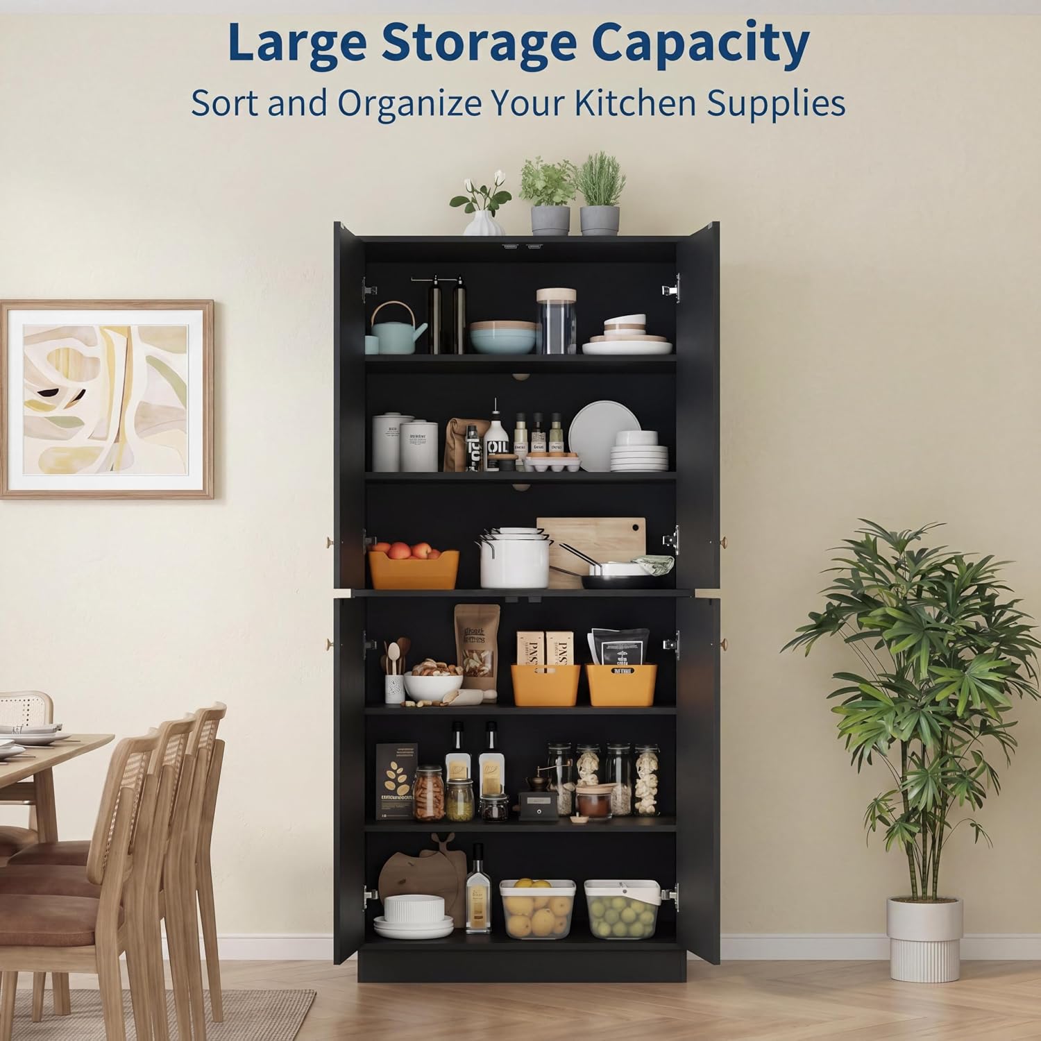 Garvee Kitchen Pantry Cabinet, 68'' Pantry Storage Cabinet with 4 Doors and 4 Adjustable Shelves, Wooden Freestanding Cupboard for Kitchen, Dining Room and Living Room, Black