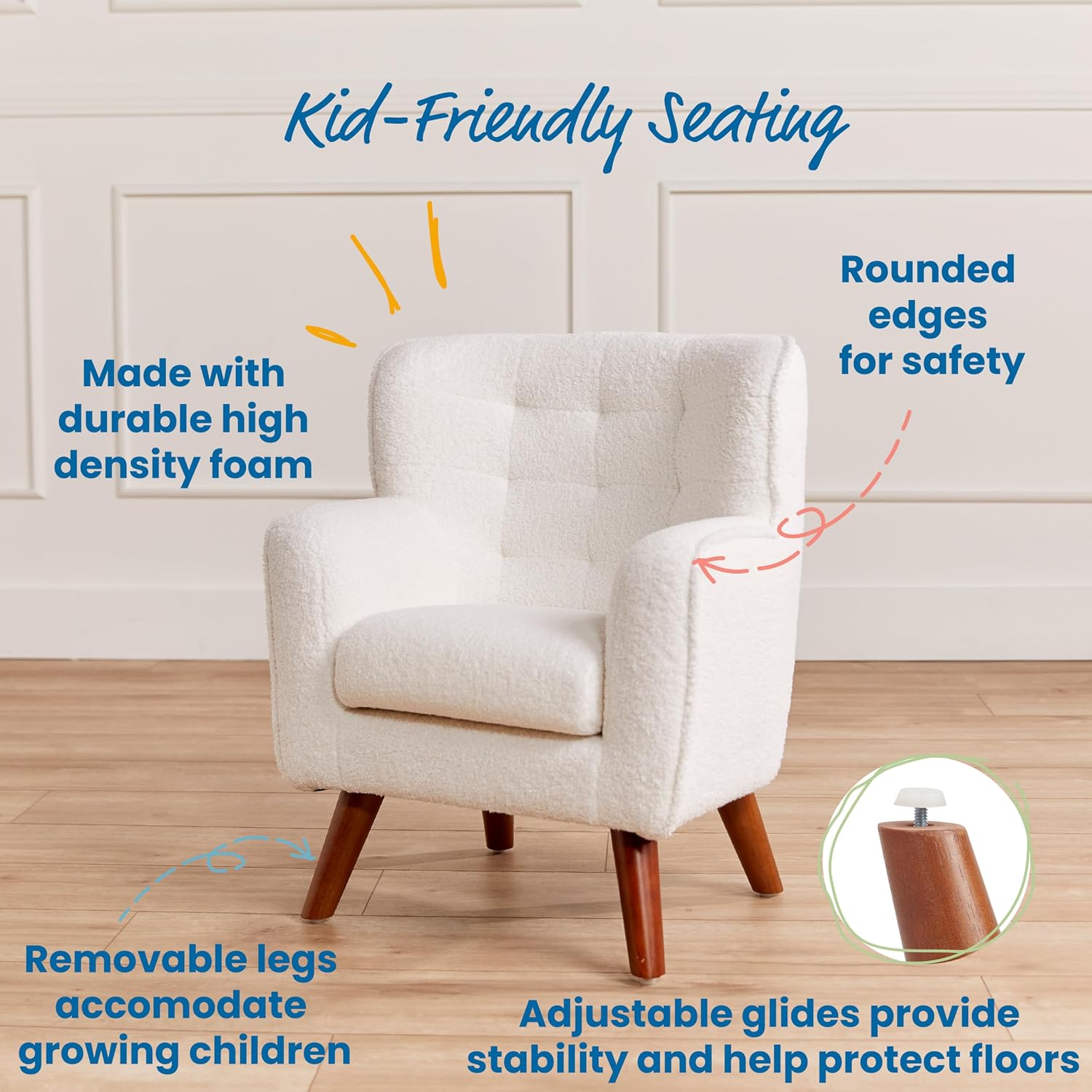 ECR4Kids Mila Sherpa Toddler Arm Chair with Removable Wooden Legs, Kids Furniture, White