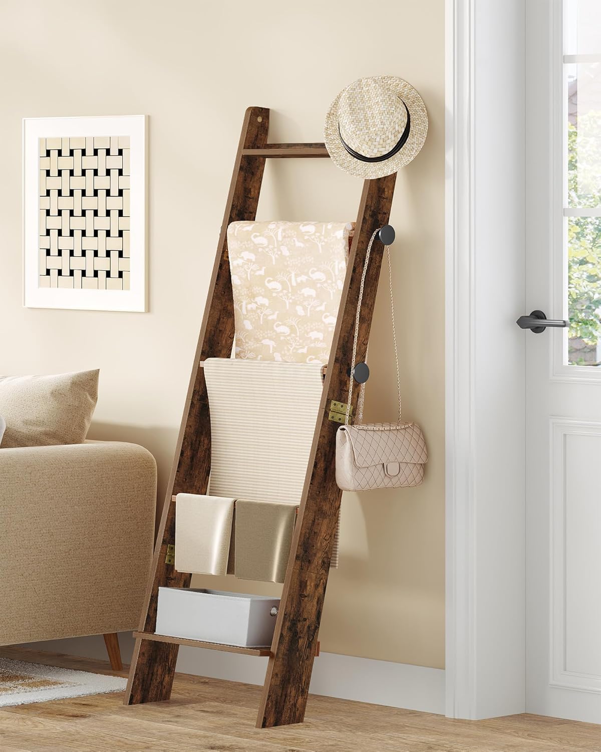 Hzuaneri Blanket Ladder for Living Room, Decorative Quilt Rack with 4 Removable Hooks, 5-Tier Blanket Ladder Shelf for Bedroom,Rustic Brown BR30501X