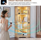 LELELINKY Farmhouse Corner Display Cabinet with Glass Doors, Corner Curio Cabinet with 3-Color LED Motion-Sensor Light, Reinforced Base, Natural