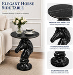 Sleek Black Horse End Table - Gothic Style 23.62 Inch Resin Knight Statue Side Table, Round Faux Marble Top Accent Table for Living Room, Minimalist Chess Piece Sculpture Furniture, 22.05 LBS