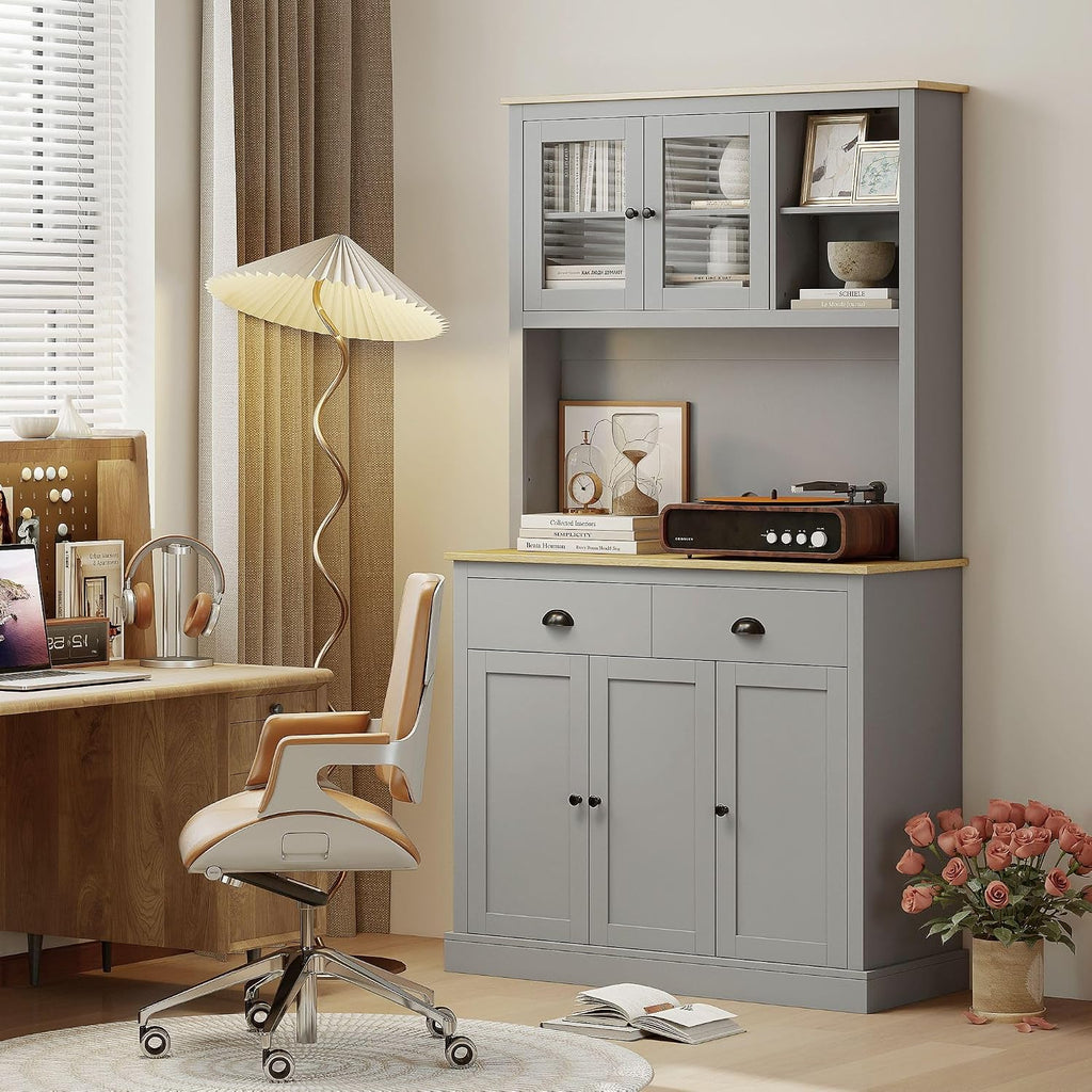 Kitchen Pantry Unit 71 inch, freestanding, Adjustable Shelves Three Heights, Wide countertop for Cable, Gray Oak Yellow Finish