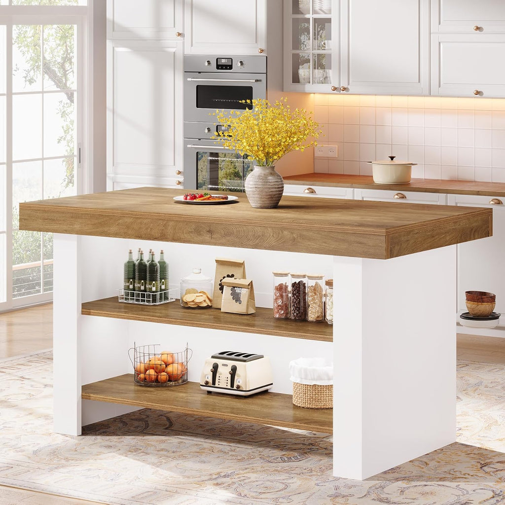 Tribesigns 55-Inch Kitchen Island with Storage, Farmhouse Center Island Table for Kitchen, Dining Room, Living Room (1, Brown and White)