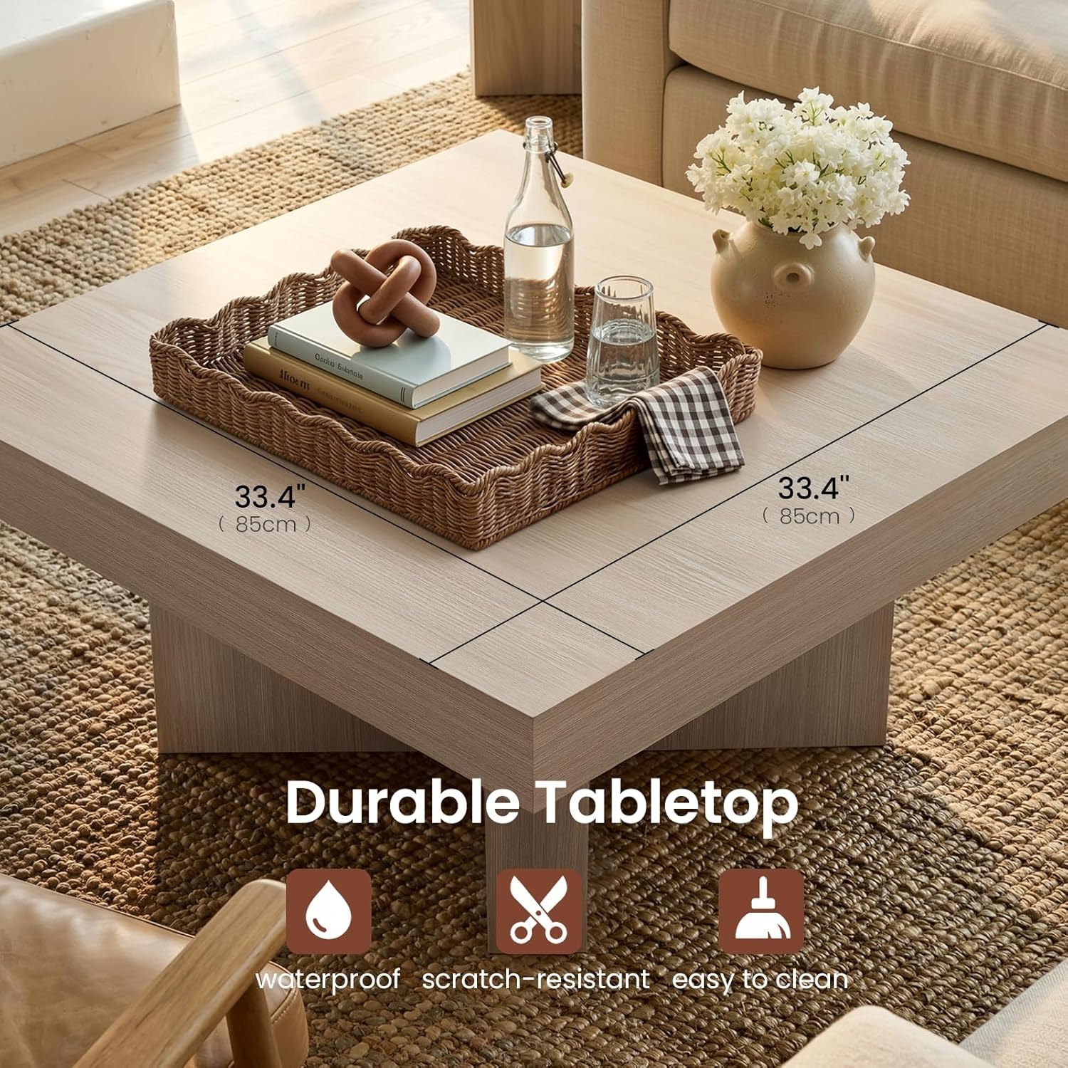 ModernMate 33.4 Inches Square Coffee Table for Living Room, Wood Center Table with a Large Tabletop and Wooden Pedestal Base for Apartments, Easy Assembly, Rectangle, White Oak Gray
