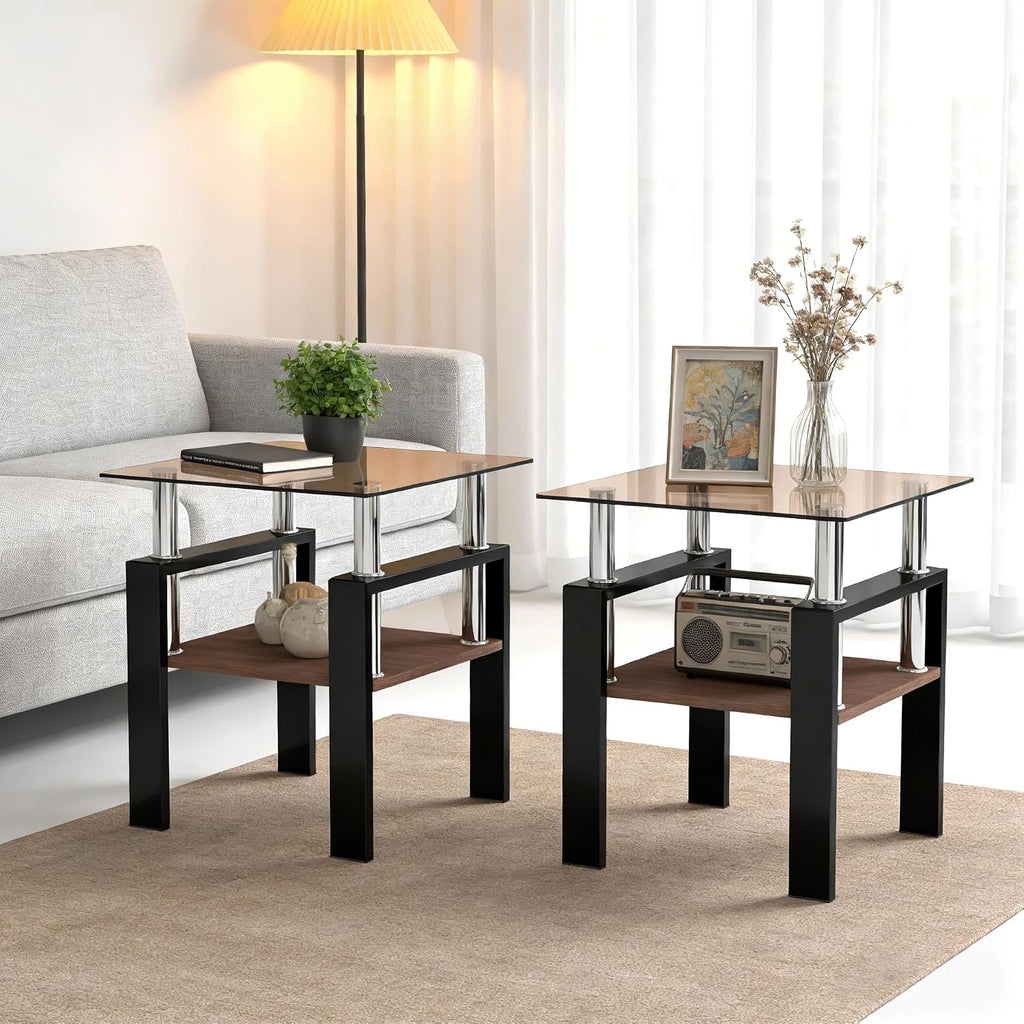Glass Side Table Set of 2, Small 2-Tier End Table with Tempered Glass Top and Metal Legs, Clear Small Corner Table for Living Room, Bedroom, Apartment (Brown+Black)