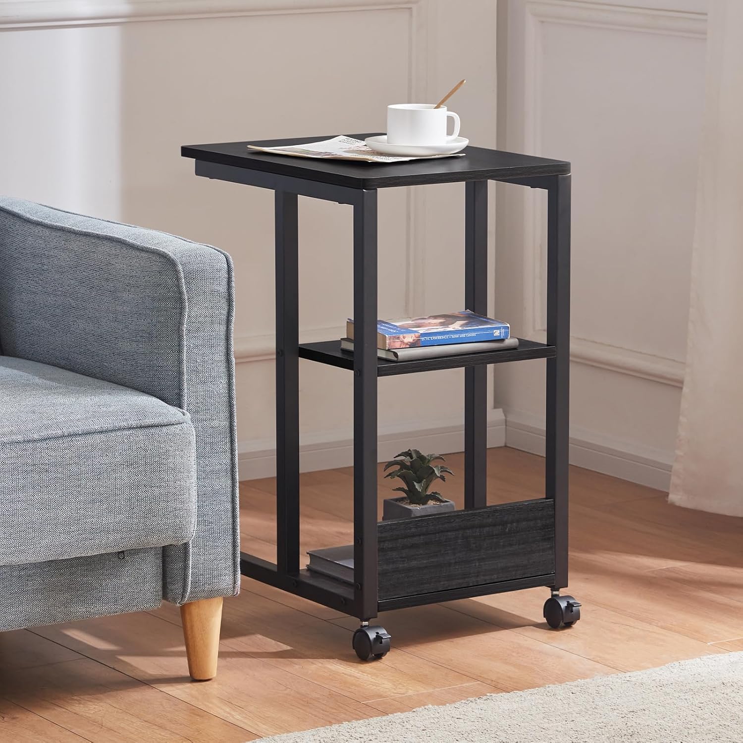 Farini C Shaped Sofa Side End Table, Mobile Snack Table with Brake Wheels Couch Bedside Table with 3-Layer storages,Black Oak