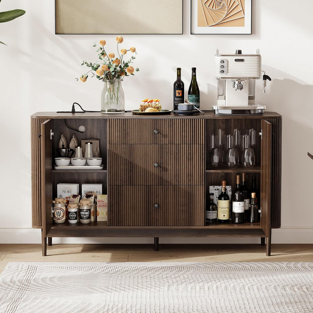 59" Buffet Cabinet with Drawers, Large Fluted Sideboard Buffet Storage Cabinet with Charging Station, Shelves and Doors, Modern Accent Coffee Bar Console Table for Kitchen, Entryway and Living Room