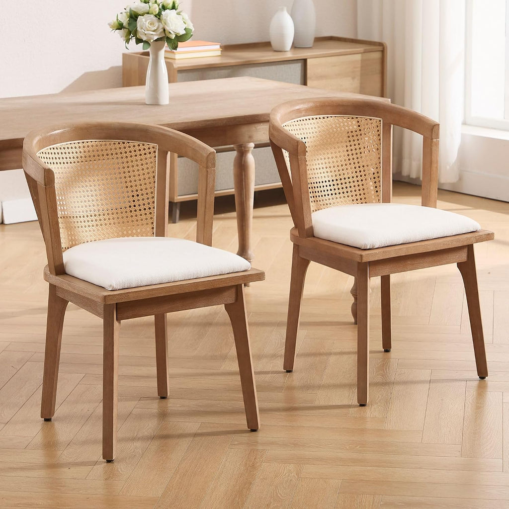 BESTANO Rattan Dining Chairs Set of 4, Mid Century Modern Farmhouse Wood Dining Room Chairs, Upholstered Comfortable Kitchen Dining Side Chair with Cane Woven Back, Beige Linen