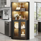 Corner Bar Cabinet with LED Lights, 65" Tall Wine Cabinet with Glass Holder & Tempered Glass Door, 4-Tier Liquor Alcohol Cabinet & Coffee Bar with Human Body Sensor for Dining Room, Black