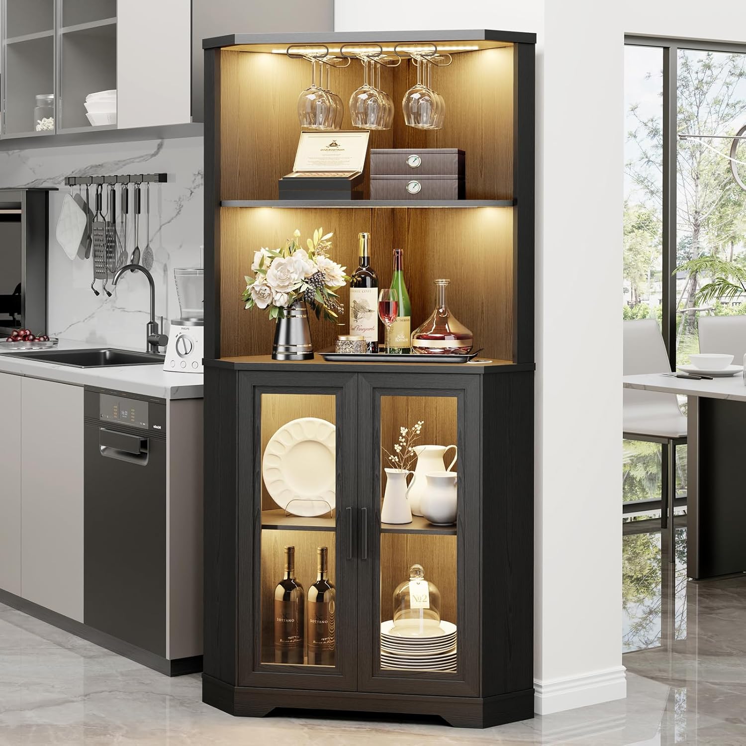 Corner Bar Cabinet with LED Lights, 65" Tall Wine Cabinet with Glass Holder & Tempered Glass Door, 4-Tier Liquor Alcohol Cabinet & Coffee Bar with Human Body Sensor for Dining Room, Black