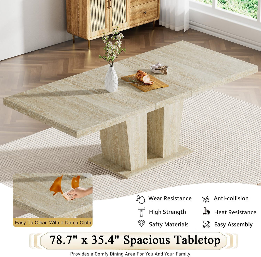 7-Piece Extendable Dining Table Set for 6, 63-78" Faux Travetine Kitchen Table Set for 6 with Grey Tufted Chairs, Rectangular Expandable Dining Room Table with Dual Columns Base,Space-Saving
