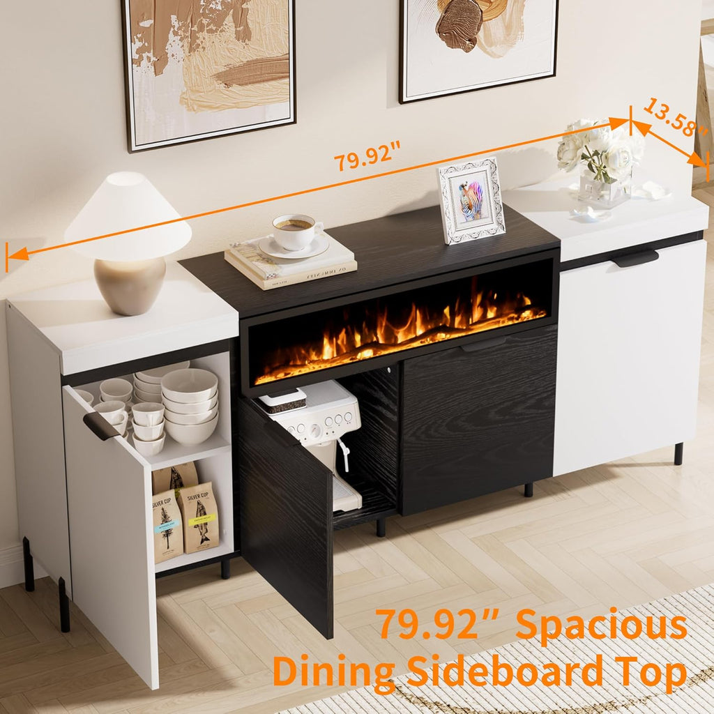 Sideboard Buffet Cabinet with Storage, 80" Large Credenza with 40" Fireplace, Wood Coffee Wine Bar Console Table with 4 Doors & Open Shelf for Dining Room, Living Room, Black & White