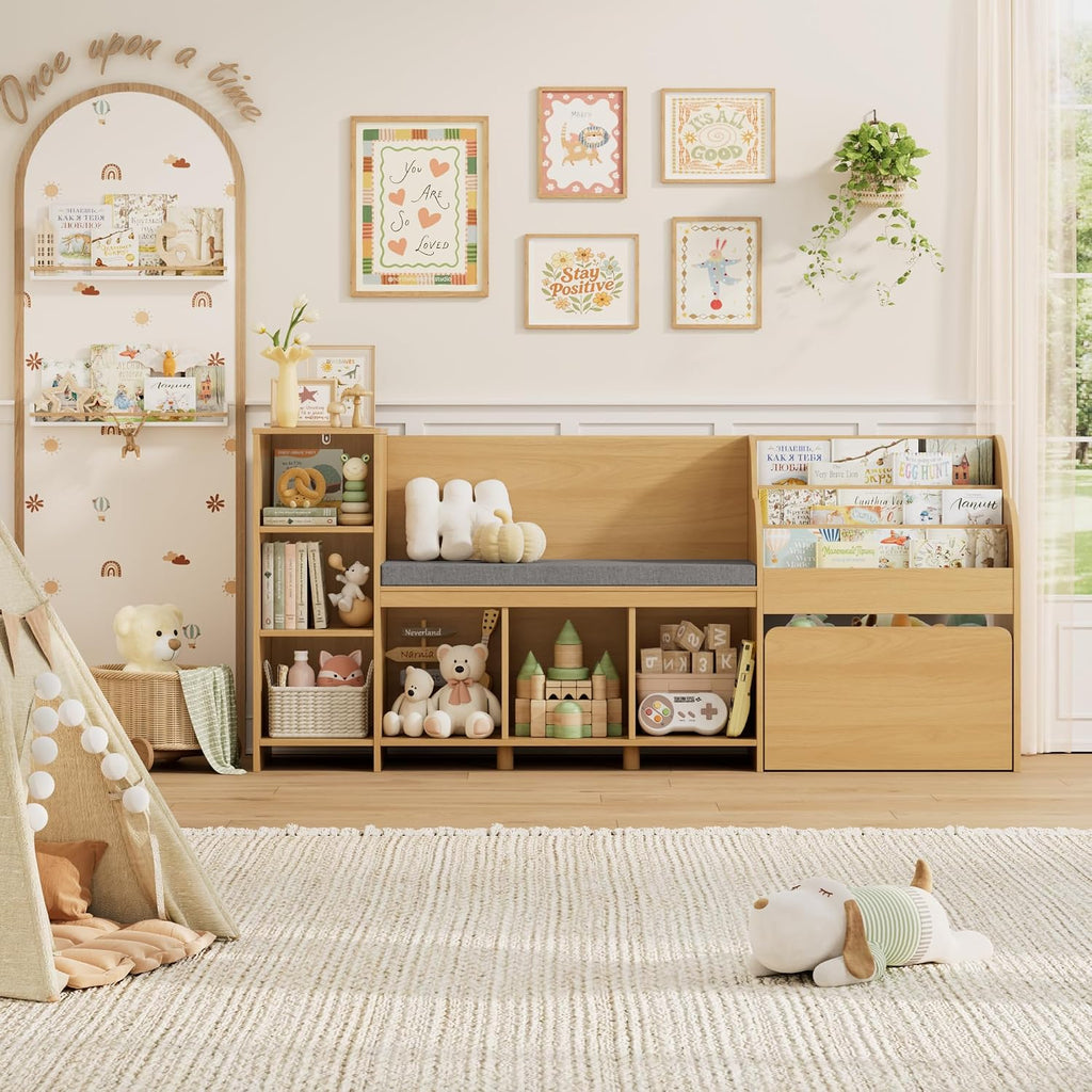 HOSTACK 67" W Kids Reading Nook with Toy Storage Organizer, Large Kids Bookshelf with Toy Storage Box on Wheels, Big Kid Bookcase with Bench and 6 Open Cubbies for Playroom, Kid Room, Natural Oak