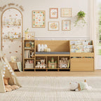 HOSTACK 67" W Kids Reading Nook with Toy Storage Organizer, Large Kids Bookshelf with Toy Storage Box on Wheels, Big Kid Bookcase with Bench and 6 Open Cubbies for Playroom, Kid Room, Natural Oak