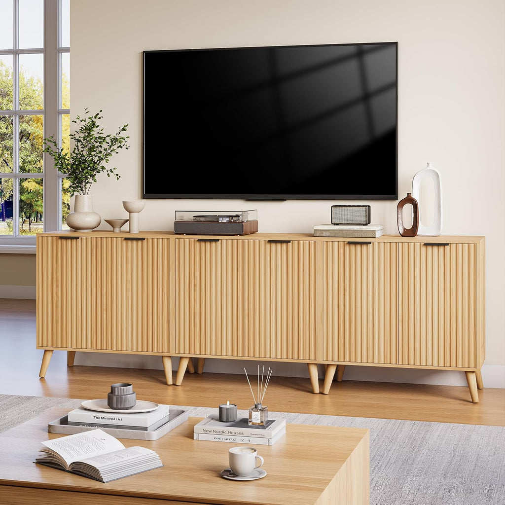 Fluted Sideboard Buffet Cabinet with Storage, 2 Doors Modern Sideboard Cabinet for Living Room, Wood Coffee Bar Cabinets with Adjustable Shelves Accent Credenza for Kitchen, Entryway, Natural