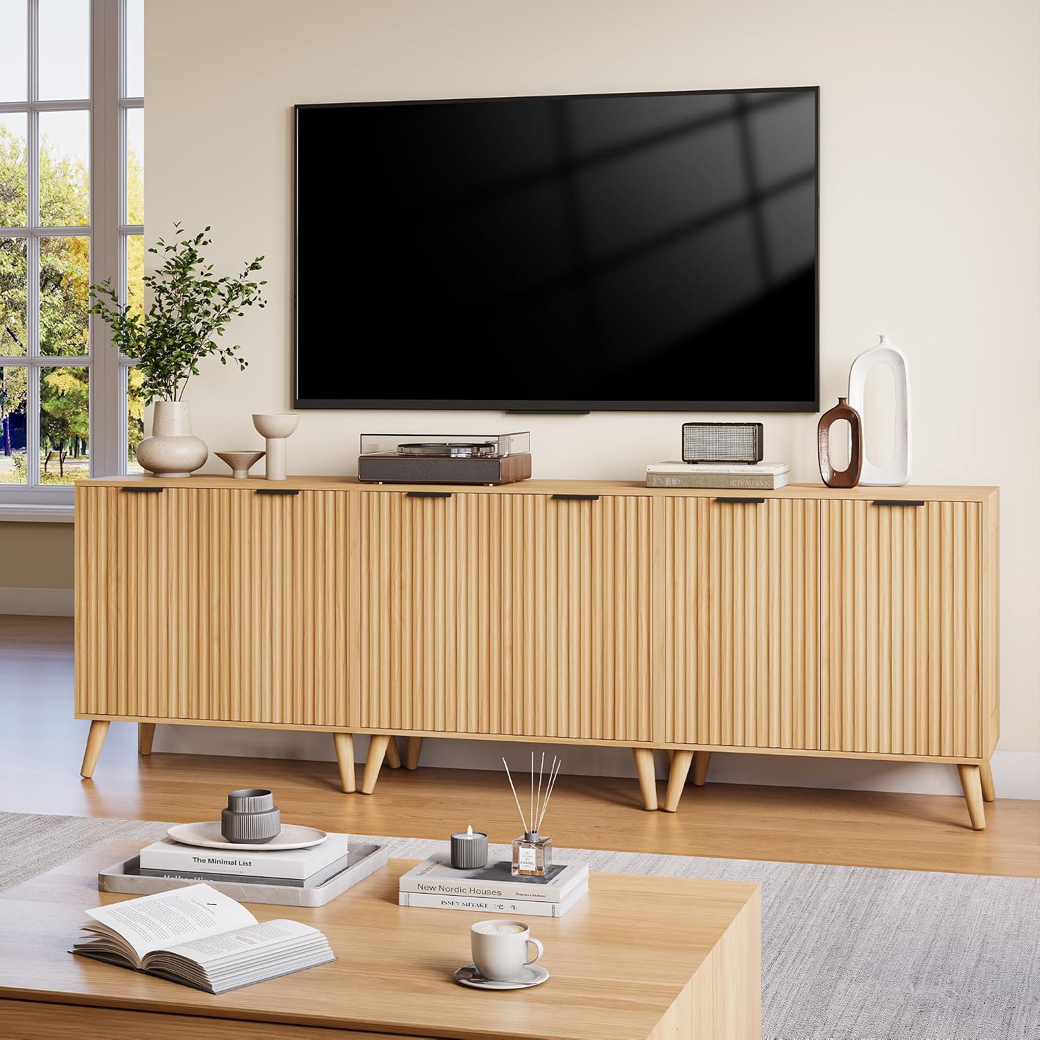 Fluted Sideboard Buffet Cabinet with Storage, 2 Doors Modern Sideboard Cabinet for Living Room, Wood Coffee Bar Cabinets with Adjustable Shelves Accent Credenza for Kitchen, Entryway, Natural