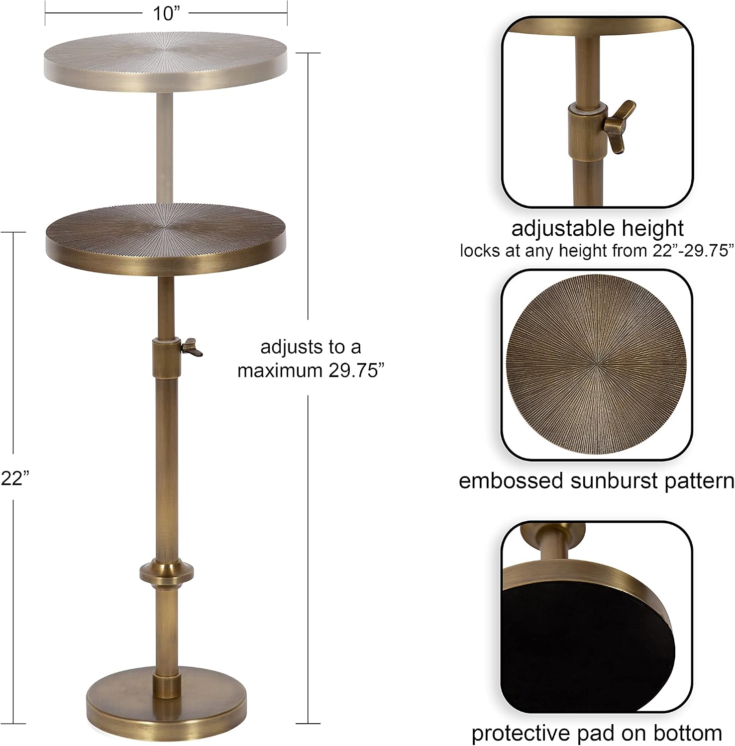 Kate and Laurel Engles Traditional Adjustable-Height Pedestal Drink Table; 10 x 10 x 30; Antique Brass; Vintage Round Indoor Metal Plant Stand with Embossed Sunburst Pattern