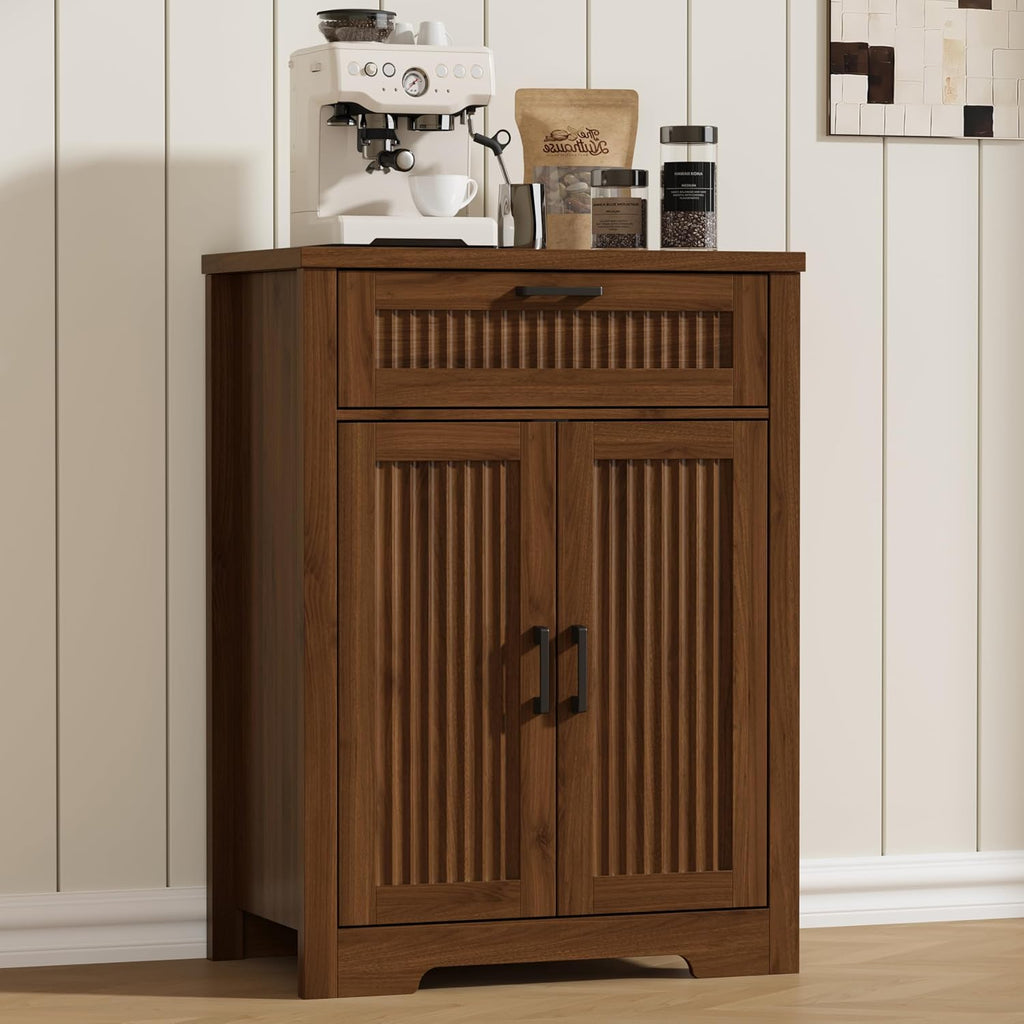 Buffet Cabinet with Storage Drawer, Farmhouse Coffee Bar Table with Storage Drawer and Adjustable Shelf, Small Fluted Sideboard Cabinet for Kitchen, Dining Room, Living Room, Entryway, Modern Walnut