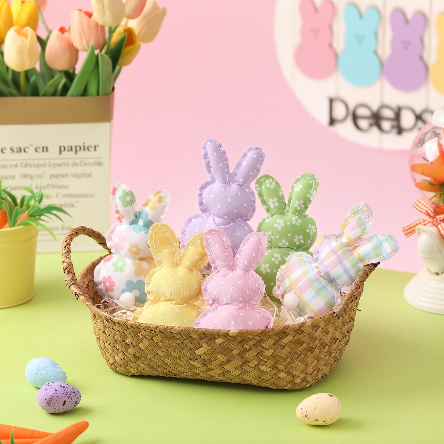 Easter Stuffed Fabric Bunnies - 6Pcs Handcrafted Fabric Bunnies for Tiered Trays - Spring Home Decor, Adorable Easter Stuffers for Basket Bowl Vase