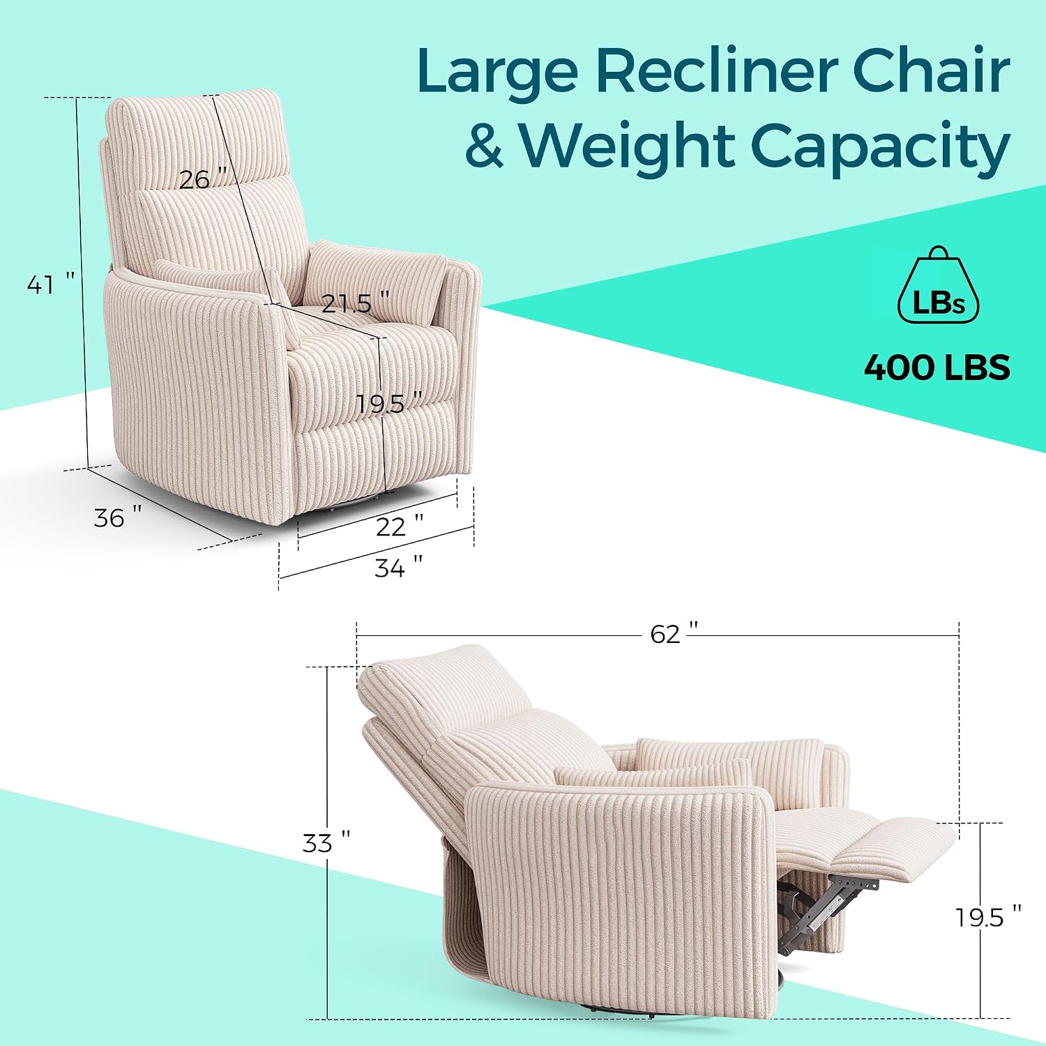 LINSY 220° Swivel Electric Power Recliner Chair, Corduroy Nursing Rocker with USB & Type-C, High Back Adult Comfort Chair with 2 Pillows, Space-Saving for Nursery, Bedroom, Living Room（Beige）