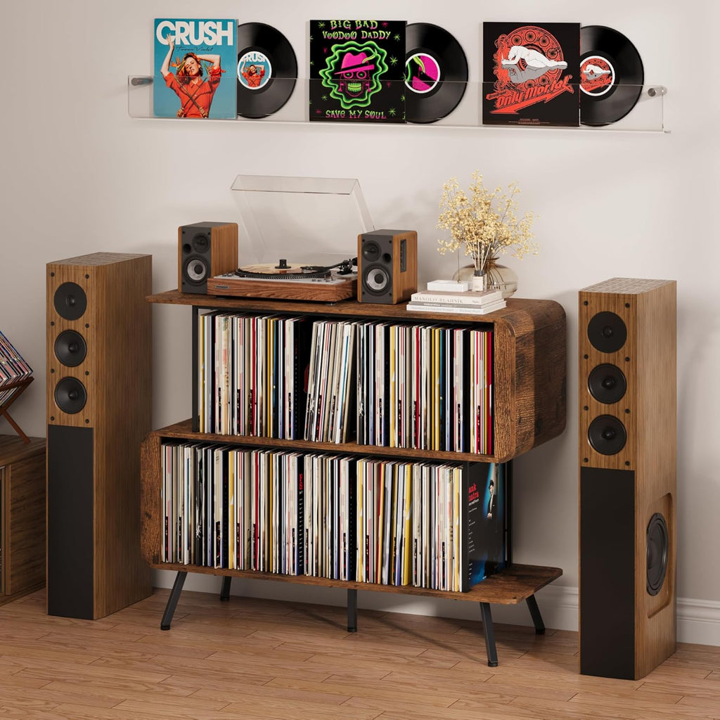 Record Player Stand with Vinyl Record Storage - 3-Tier Record Player Table with Power Outlets & LED Light, Mid-Century Modern Turntable Stand Vinyl Shelf Display Cabinet, Holds 500+ Albums, Brown