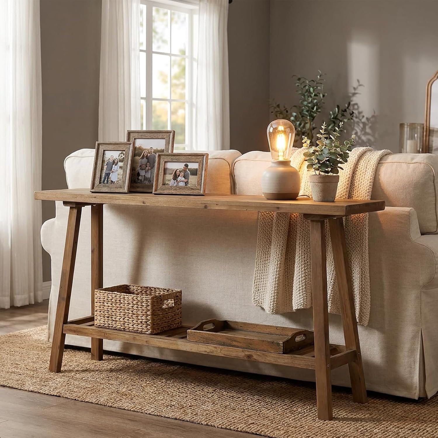 HOKYHOKY Reclaimed Solid Wood Console Table, 59" Farmhouse Entryway Tables | Long Rectangular Couch Table Behind Sofa, 2 Tiers Accent Tables, Hallway, Entrance, Foyer, Living Room