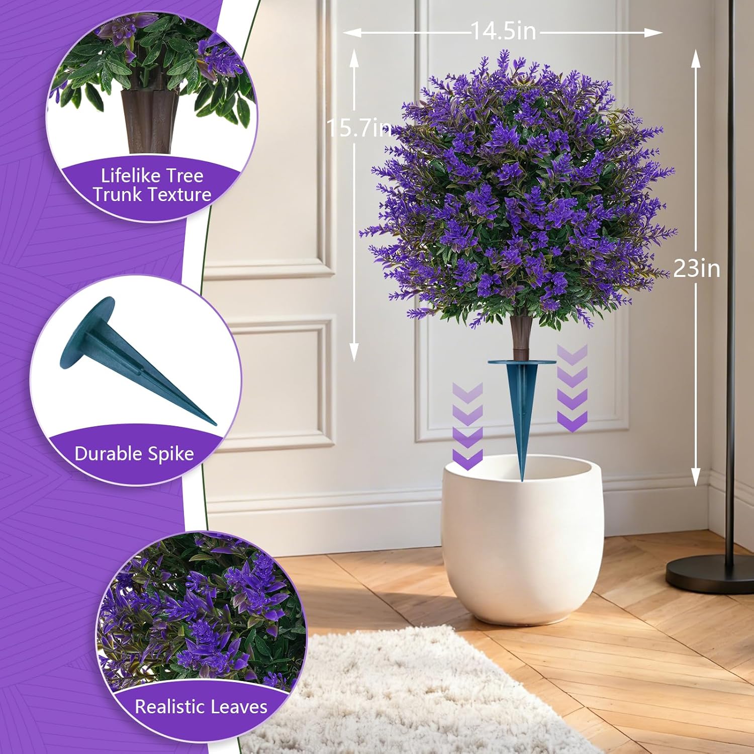 Grooy Artificial Lavender Topiary Ball for Outdoors, Set of 2 Boxwood Plant Tree with Spike, Fake Shrubs UV Resistant Faux Plants for Indoor Outdoor Decor