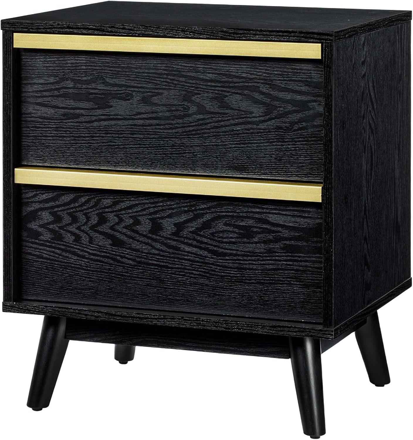 SANGO Cortland 2-Drawer Nightstand, Modern Black Wood Bedside Table with Brass Handle, Wooden Legs, Sleek Mid-Century Design, Elegant Storage for Contemporary Homes