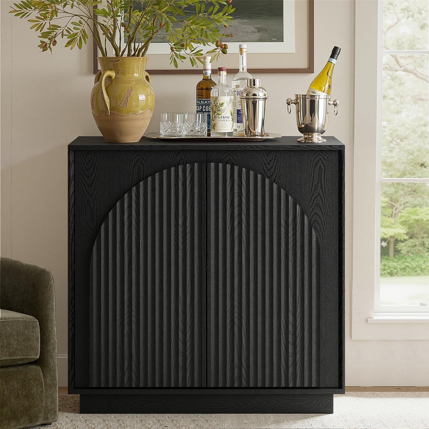 win2win Fluted Sideboard Buffet Cabinet with Storage, 31.5" Modern Accent Cabinet with Double-Layered Arch Doors, Small Wood Console Credenza for Living Room,Dining Room,Entryway,Hallway,Black,1PCS