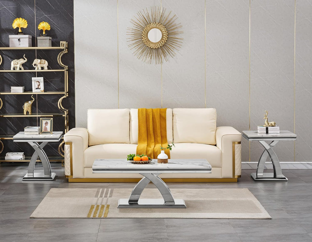 Modern Marble End Table Luxury White Faux Marble Sofa Side Table with Silver Mirrored Stainless Steel Base Square Bedside Tables Nightstand for Living Room Bedroom Office