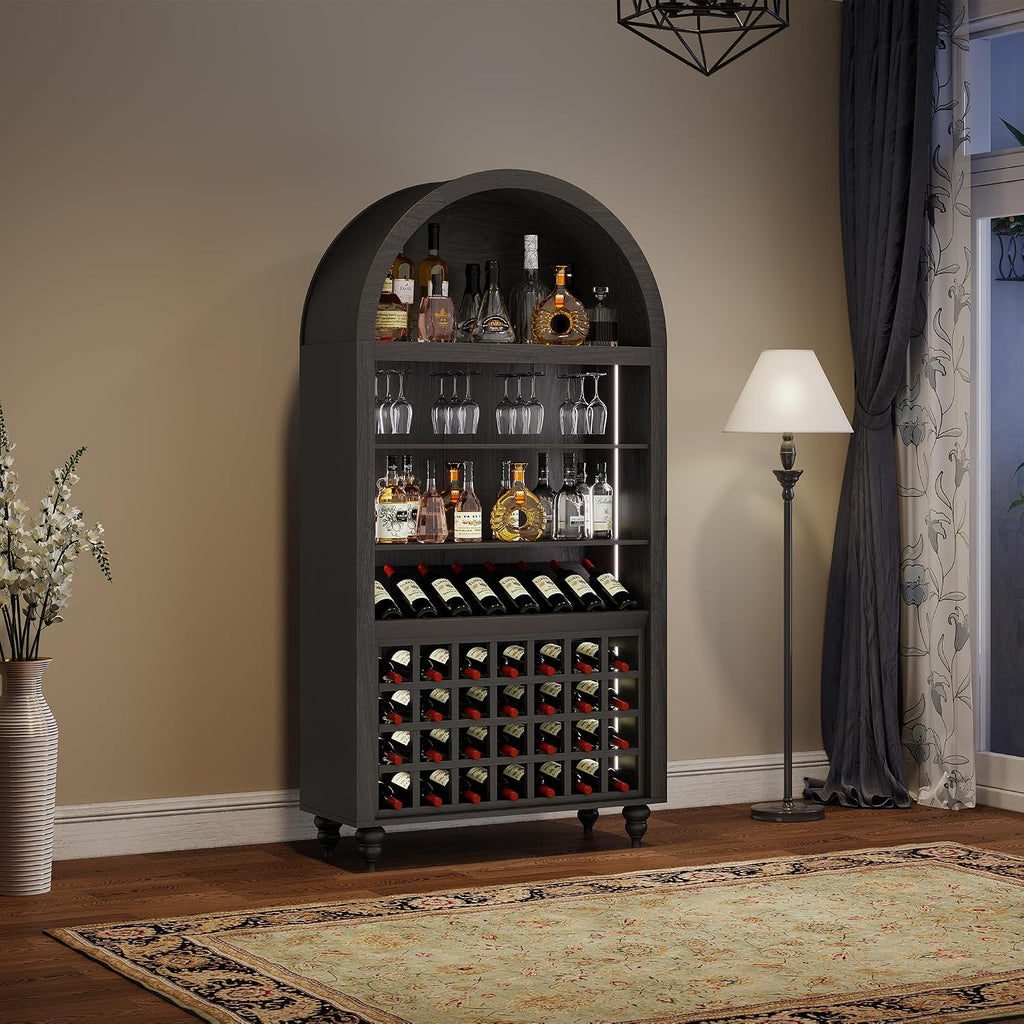 71" Tall Arched Wine Bar Cabinet with Wine Racks & Glass Holder, Wide Liquor Cabinets with LED Lights & Charing Ports, Kitchen Pantry Cupboard, Coffee Bar Storage Cabinet for Home, Dining Room (Black)