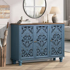 JOINICE Accent Cabinet with 3 Carved Doors, Distressed Sideboard Buffet with Storage & Solid Wood Legs, 43" Vintage Console Table for Living Room,Entryway,Coffee Bar,Hallway(Blue & Walnut)