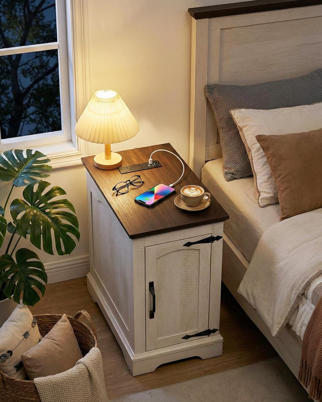 Farmhouse End Table with Charging Station, Narrow Side Table for Living Room, Rustic Wood Sofa Side Table with Storage Cabinet,Small Nightstand for Bedroom Home Office (White)