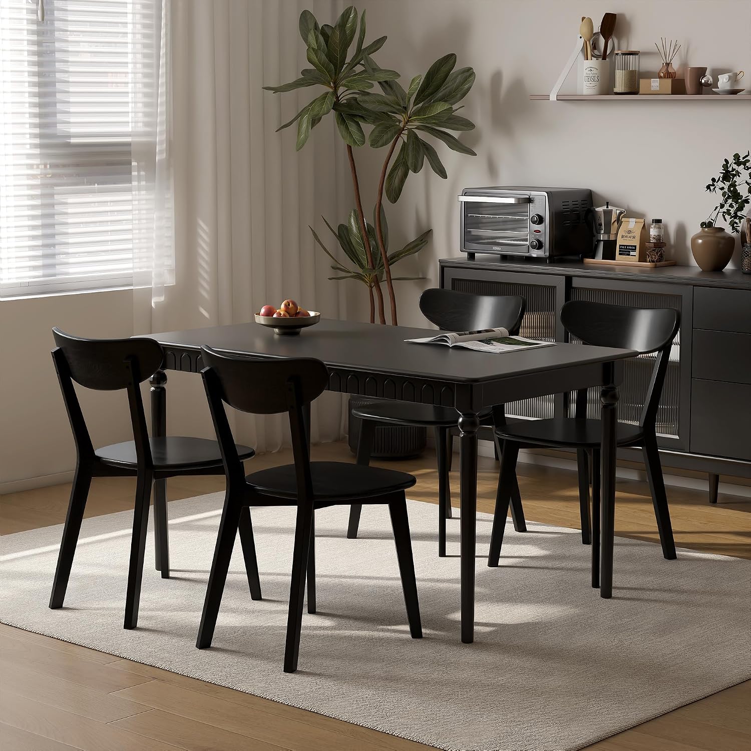 Dining Chairs, Kitchen Chairs, 100% Oak Solid Wood Modern Chair with Curved Backrest Kitchen & Dining Room Chairs Modern Chair for Living Room (Black, 4 Pack)