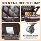 ZSQN 600 Lbs Big and Tall Office Chair, Plus Size Desk Chair with 6D Adjustable Flip Arms, Wide Comfortable Computer Chair with Adjustable Lumbar Support & Dual Rubber Wheels Brown