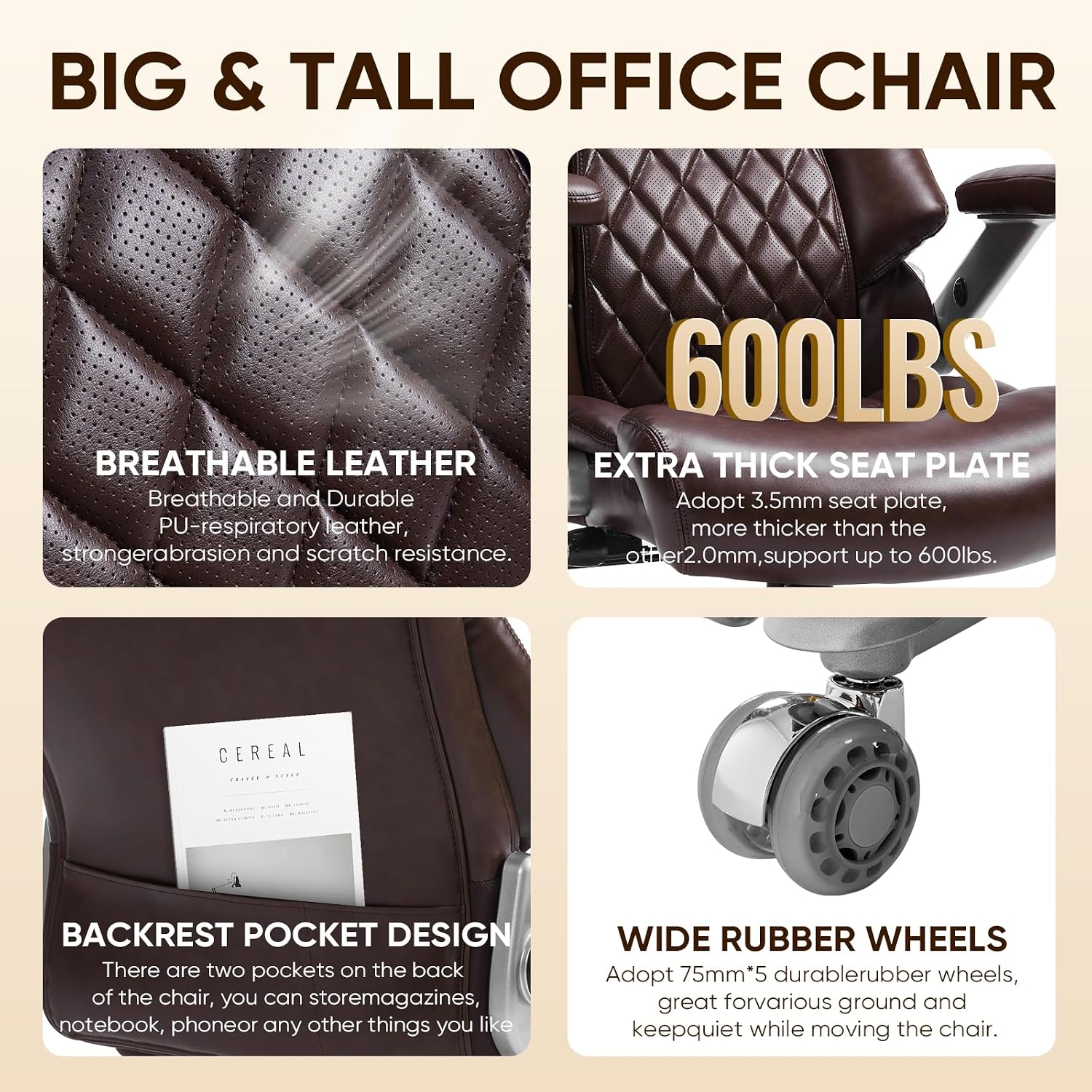 ZSQN 600 Lbs Big and Tall Office Chair, Plus Size Desk Chair with 6D Adjustable Flip Arms, Wide Comfortable Computer Chair with Adjustable Lumbar Support & Dual Rubber Wheels Brown