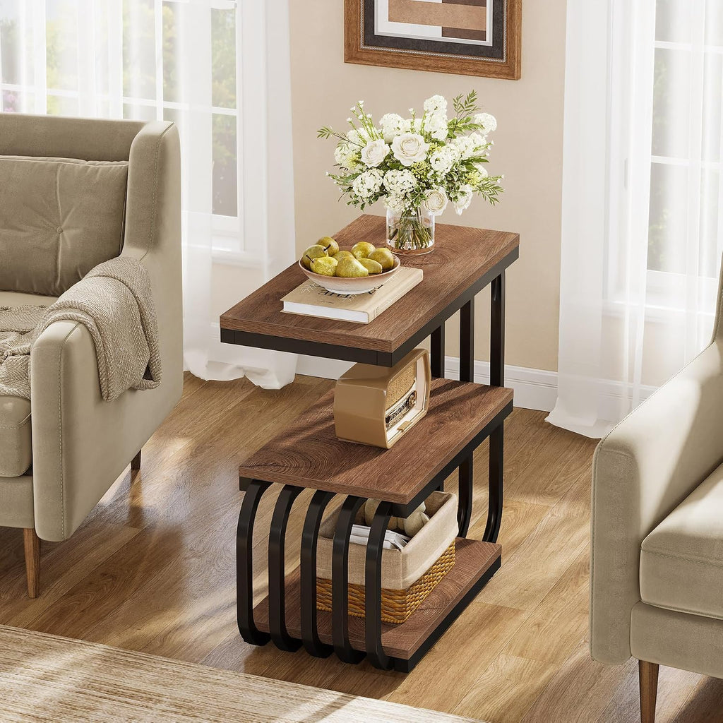 Tribesigns Small End Table, Narrow Side or Bedside Stand, 3 Tier Design Accent Table with Metal Frame, Industrial Vintage Nightstand for Living Room, or Small Spaces (1, Brown)