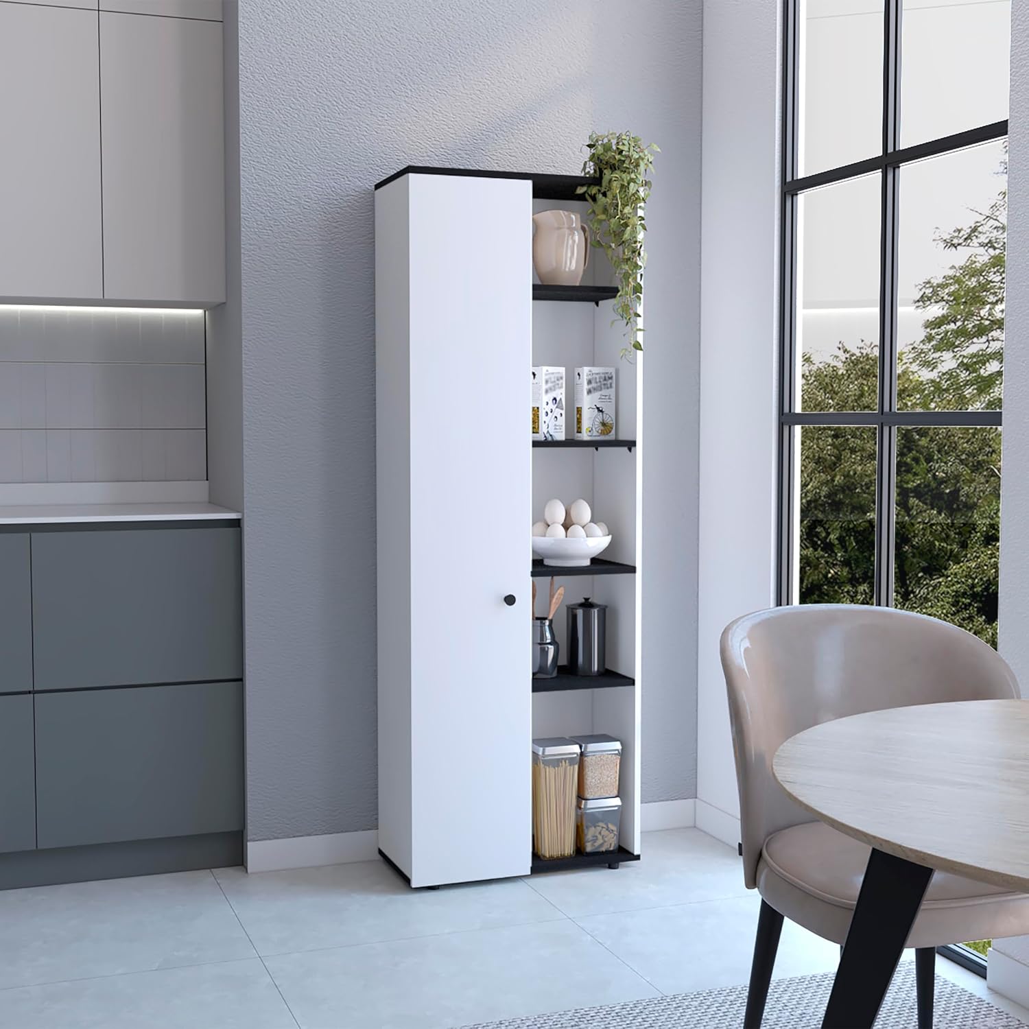 Kitchen Pantry Storage Cabinet with and Five Interior and Exterior Shelves