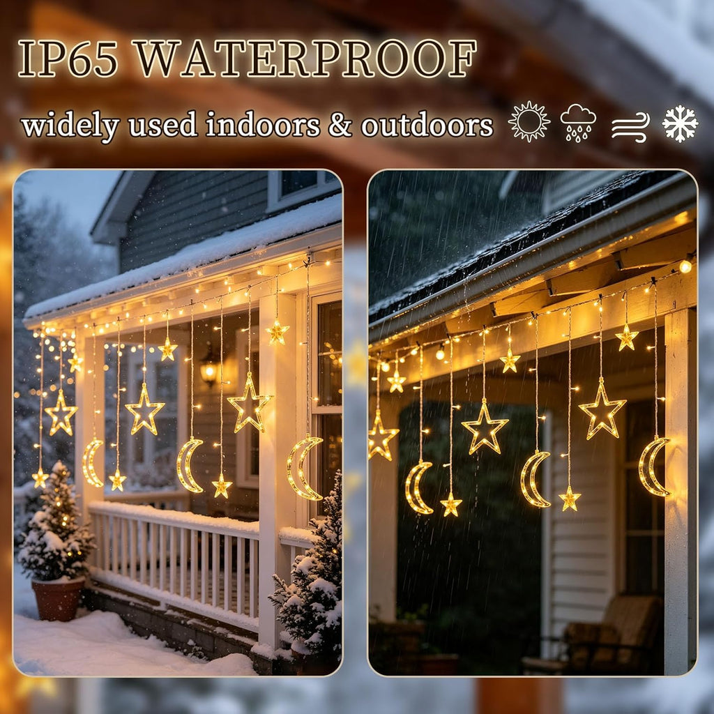 Moon Star Curtain String Lights, 11.5ft 120LED Moon Fairy Lights with USB & Battery Operated(Not Include) 8 Lighting Modes IP65 Waterproof Starry Night Lights for Christmas Ramadan Wedding Birthday