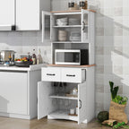 Kitchen Pantry Storage Cabinet with Framed Glass Doors and Drawer, Microwave Stand with Adjustable Shelves, Freestanding Cupboard for Kitchen, Dining Room or Apartment