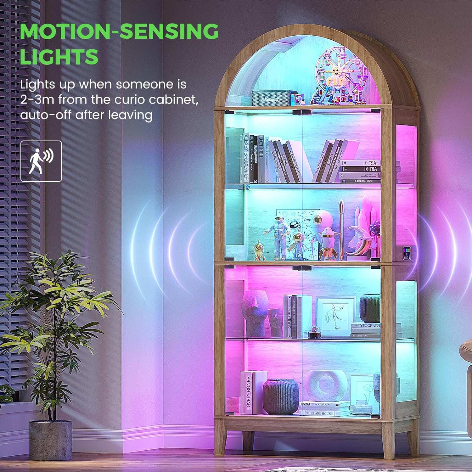 HNEBC Arched Display Case with RGB Lights, 69" Tall 5-Tier Tempered Glass Display Cabinet with Doors, LED Curio Cabinet with Shelf, Bookcase with Music-Synced Lighting for Living Room(Natural)