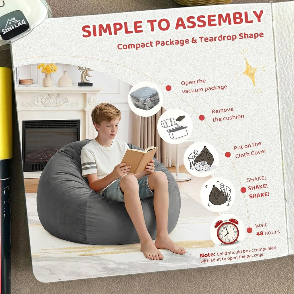 2FT Bean Bag Chair, Comfy Bean Bag Chairs with Memory Foam Filled, Fluffy Beanbag Sofa with Dutch Velvet Cover, Teardrop BeanBag Chairs for Living Room, Playroom - Grey