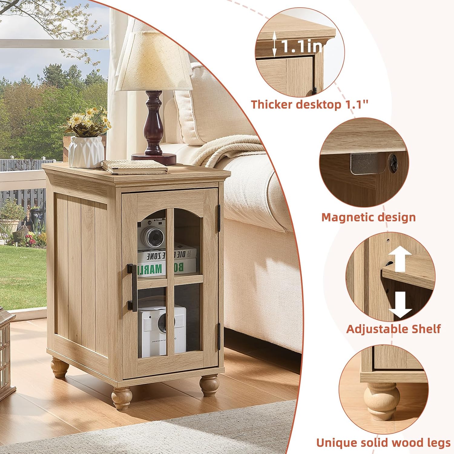 RWYHG Narrow Side Table, Farmhouse Nightstand with Charging Station | End Tables with Glass Barn Door, Cabinet Organizer with Adjustable Shelf, Night Stand for Small Spaces Living Room Bedroom